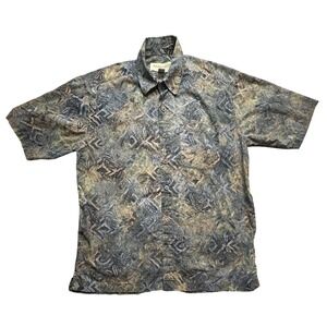 Johari West Shirt Mens Large Green Gray Batik Aloha Short Sleeve Button Front